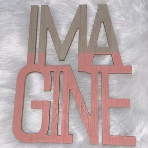 Wooden 'IMAGINE' Wall Decor in Pink and Natural wood